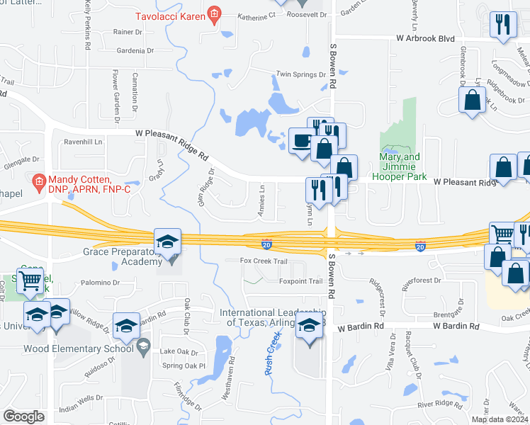 map of restaurants, bars, coffee shops, grocery stores, and more near 4219 Annies Lane in Arlington