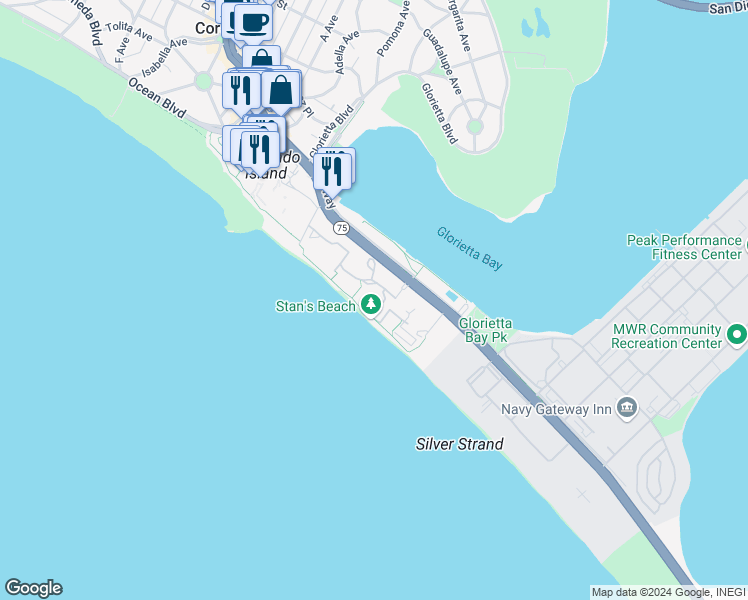 map of restaurants, bars, coffee shops, grocery stores, and more near 1780 Avenida Del Mundo in Coronado