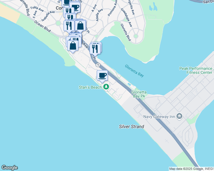 map of restaurants, bars, coffee shops, grocery stores, and more near 1780 Avenida Del Mundo in Coronado