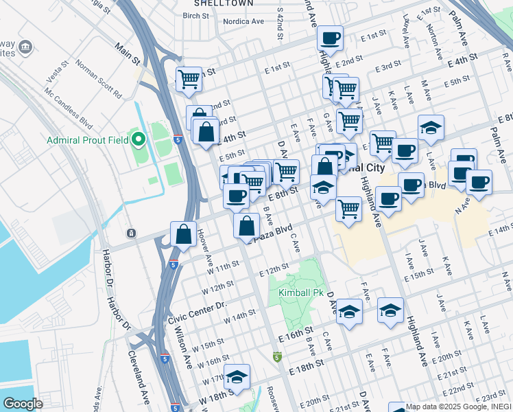 map of restaurants, bars, coffee shops, grocery stores, and more near 130 East 8th Street in National City