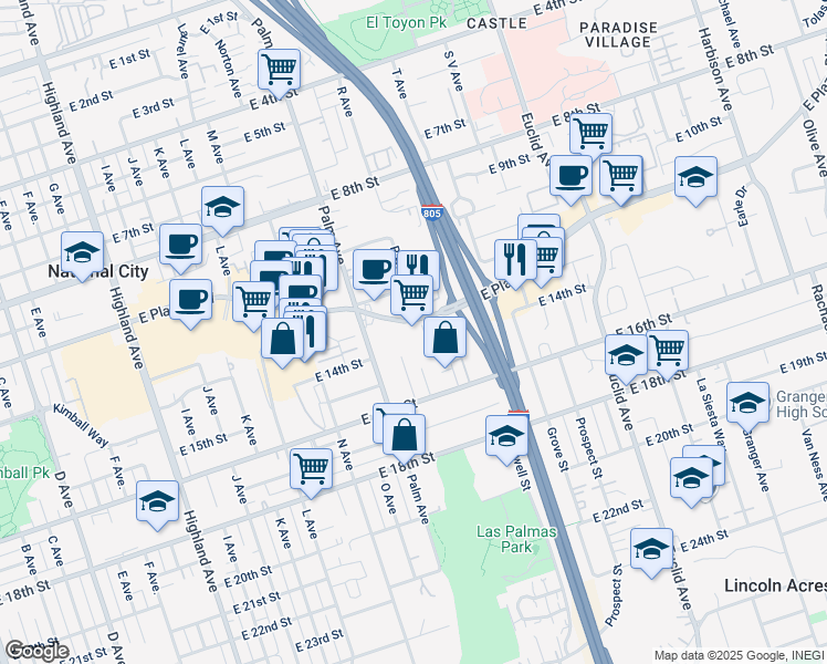 map of restaurants, bars, coffee shops, grocery stores, and more near 1736 East Plaza Boulevard in National City