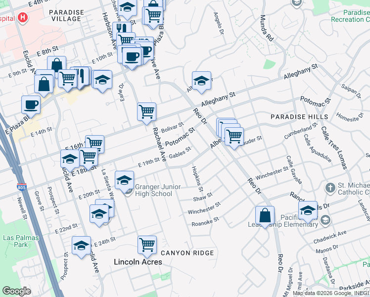 map of restaurants, bars, coffee shops, grocery stores, and more near 5612 Gables Street in San Diego