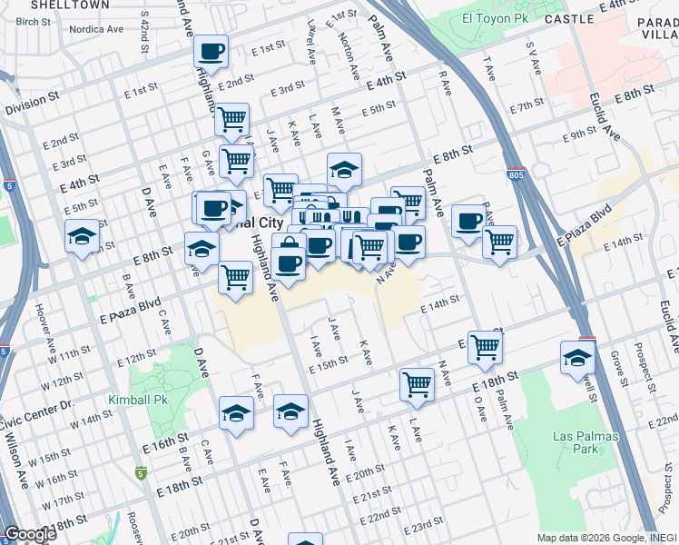map of restaurants, bars, coffee shops, grocery stores, and more near 1202 East Plaza Boulevard in National City