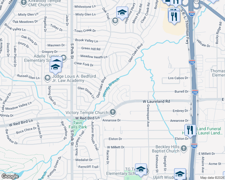 map of restaurants, bars, coffee shops, grocery stores, and more near Hunters View Lane in Dallas