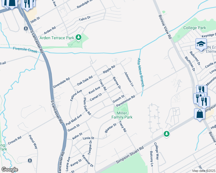 map of restaurants, bars, coffee shops, grocery stores, and more near 2703 Camel Court in Dallas