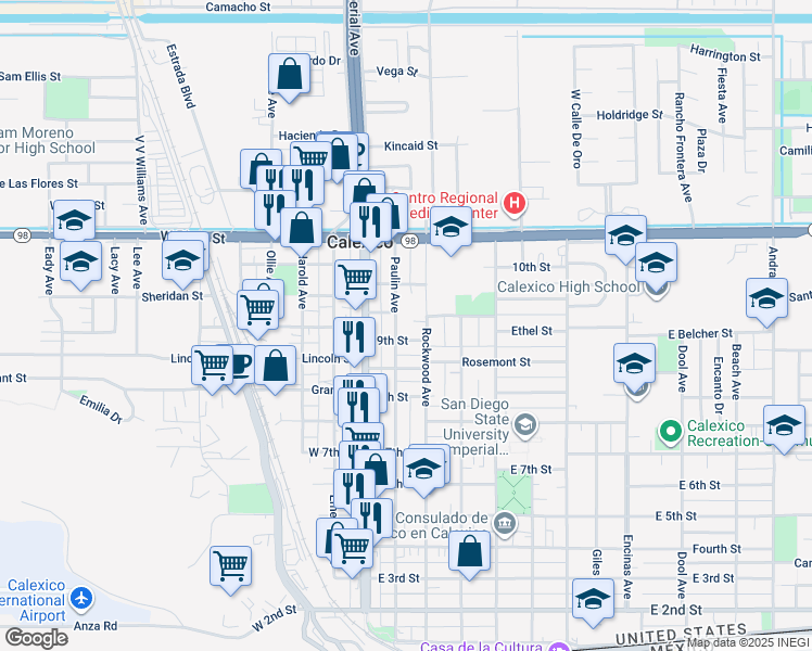 map of restaurants, bars, coffee shops, grocery stores, and more near 107 9th Street in Calexico