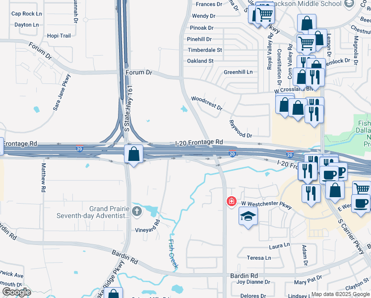 map of restaurants, bars, coffee shops, grocery stores, and more near Interstate 20 in Grand Prairie