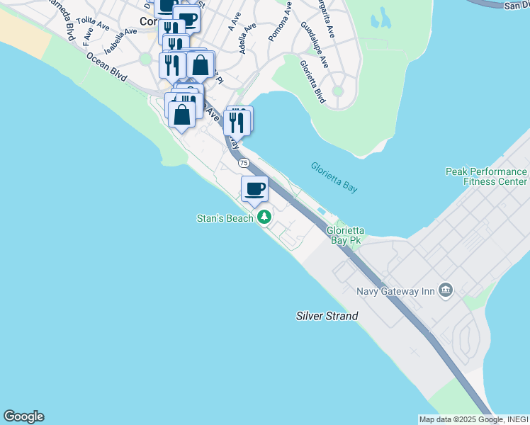 map of restaurants, bars, coffee shops, grocery stores, and more near 1780 Avenida Del Mundo in Coronado