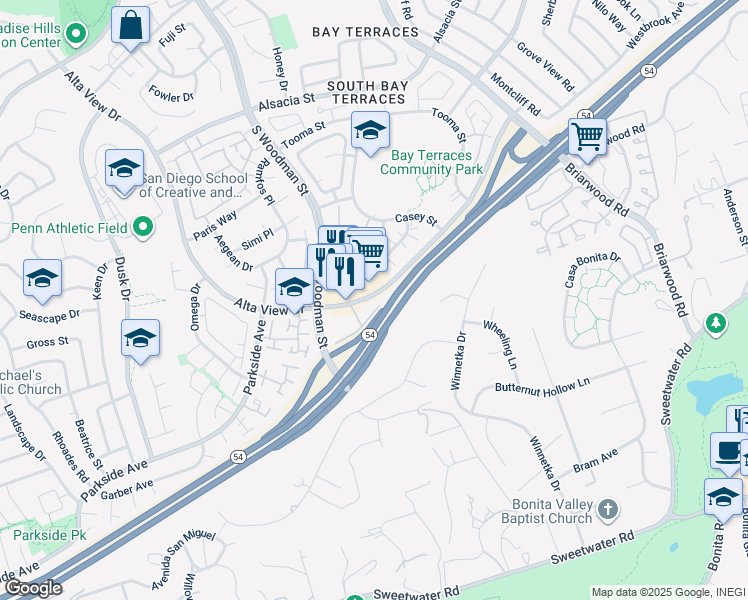 map of restaurants, bars, coffee shops, grocery stores, and more near 3010 Alta View Drive in San Diego