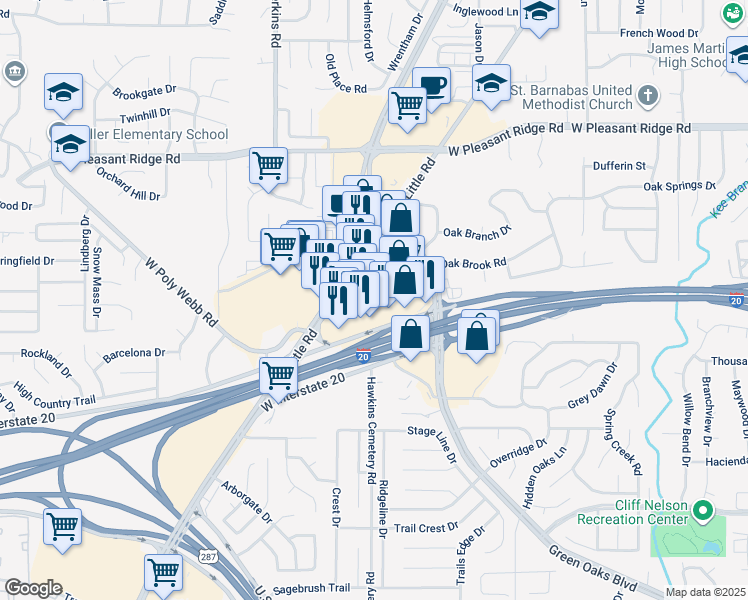 map of restaurants, bars, coffee shops, grocery stores, and more near 5801 Interstate 20 West in Arlington