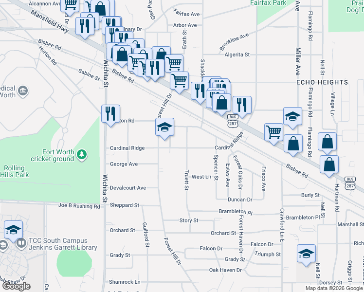map of restaurants, bars, coffee shops, grocery stores, and more near 3467 Cardinal Ridge in Forest Hill