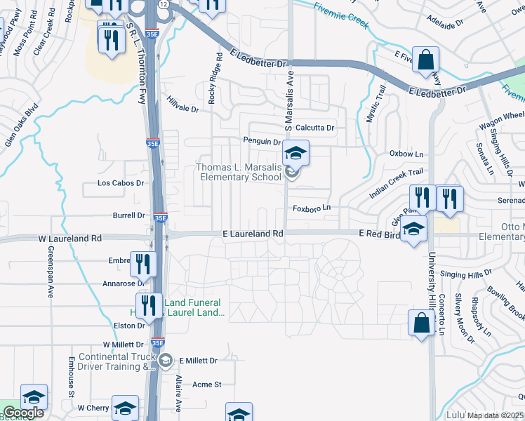 map of restaurants, bars, coffee shops, grocery stores, and more near 5815 Shady Crest Trail in Dallas