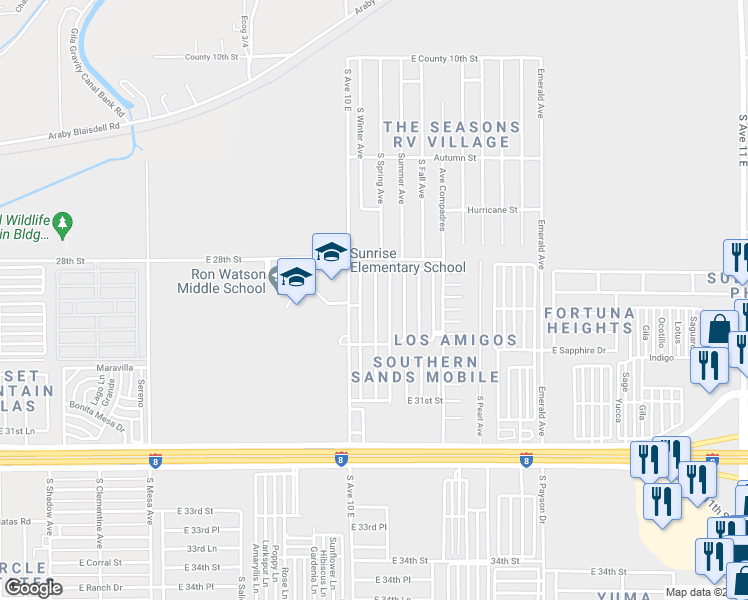 map of restaurants, bars, coffee shops, grocery stores, and more near South Avenue 10 East in Yuma