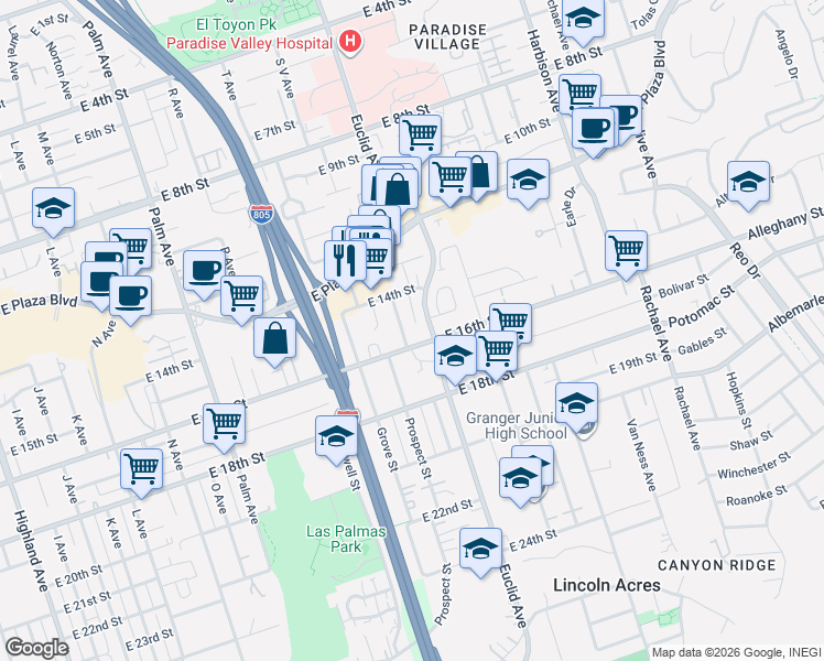 map of restaurants, bars, coffee shops, grocery stores, and more near 2227 East 16th Street in National City