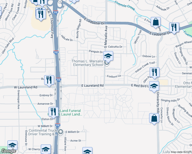 map of restaurants, bars, coffee shops, grocery stores, and more near 5815 Shady Crest Trail in Dallas