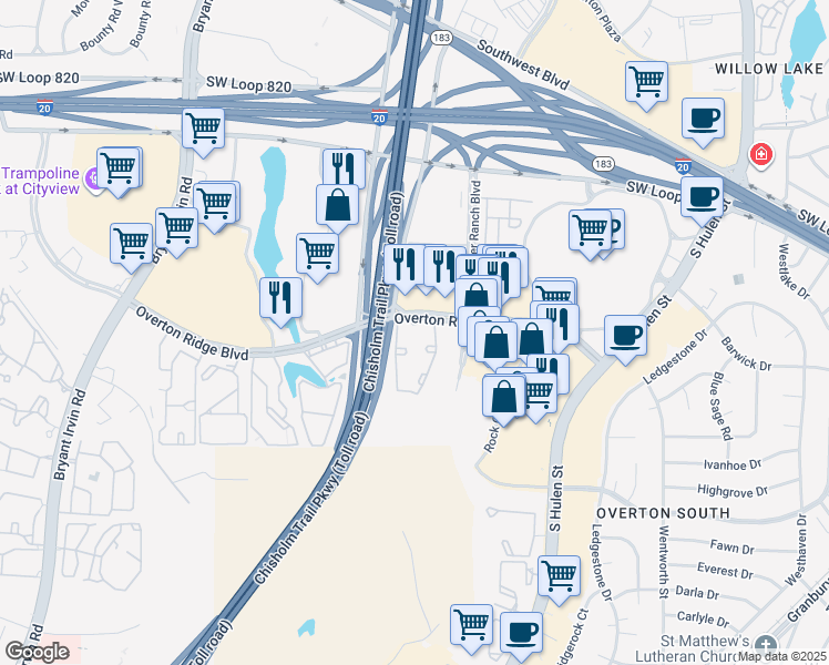 map of restaurants, bars, coffee shops, grocery stores, and more near 5017 Overton Ridge Boulevard in Fort Worth