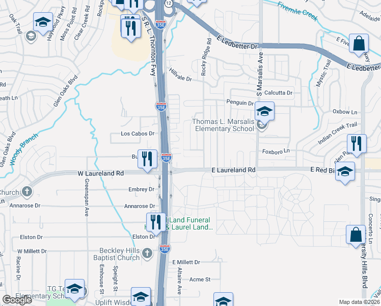 map of restaurants, bars, coffee shops, grocery stores, and more near 226 Woodlark Trail in Dallas