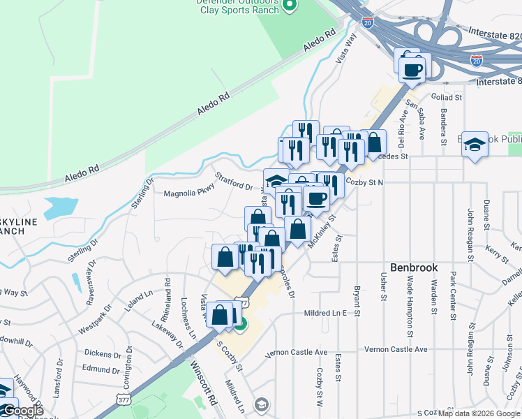 map of restaurants, bars, coffee shops, grocery stores, and more near 300 Bluffside Trails in Fort Worth