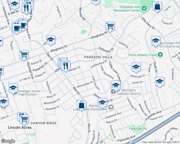 map of restaurants, bars, coffee shops, grocery stores, and more near 6152 Albemarle Street in San Diego