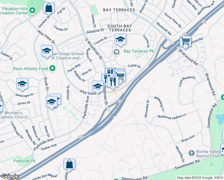 map of restaurants, bars, coffee shops, grocery stores, and more near 2919 Alta View Drive in San Diego