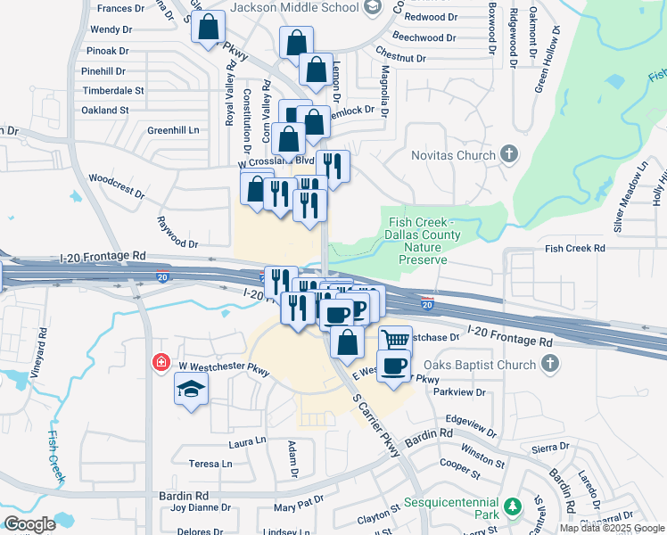 map of restaurants, bars, coffee shops, grocery stores, and more near 3951 South Carrier Parkway in Grand Prairie