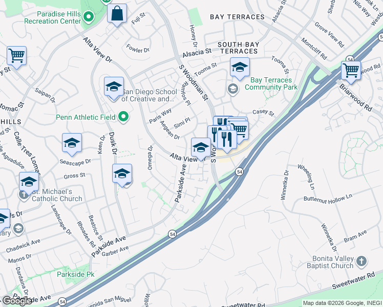 map of restaurants, bars, coffee shops, grocery stores, and more near in San Diego