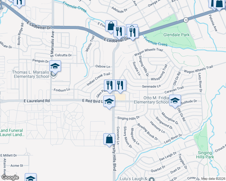 map of restaurants, bars, coffee shops, grocery stores, and more near 5800 Houston School Road in Dallas