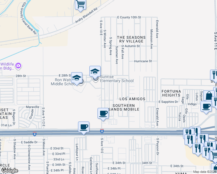 map of restaurants, bars, coffee shops, grocery stores, and more near South Avenue 10 East in Yuma