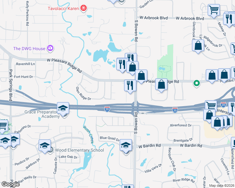 map of restaurants, bars, coffee shops, grocery stores, and more near 2600 Worth Forest Court in Arlington
