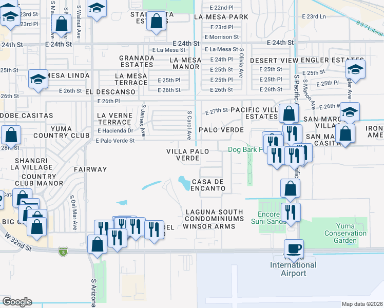 map of restaurants, bars, coffee shops, grocery stores, and more near 2901 South Palo Verde Lane in Yuma