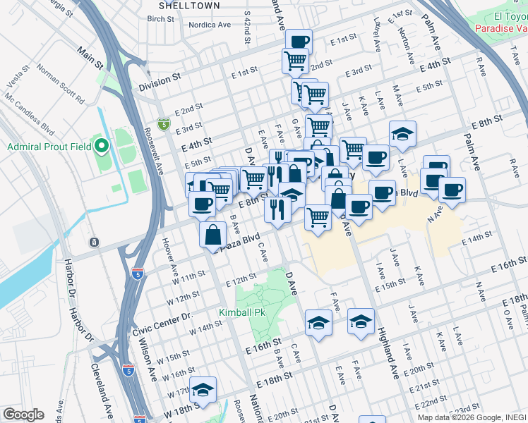 map of restaurants, bars, coffee shops, grocery stores, and more near 836 D Avenue in National City