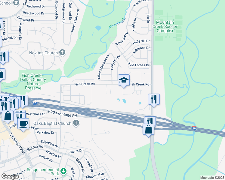 map of restaurants, bars, coffee shops, grocery stores, and more near 1001 Fish Creek Road in Grand Prairie