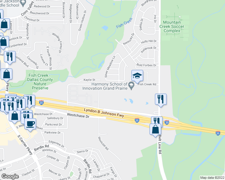 map of restaurants, bars, coffee shops, grocery stores, and more near 1001 Fish Creek Road in Grand Prairie