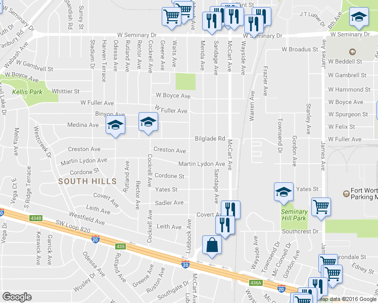 map of restaurants, bars, coffee shops, grocery stores, and more near Lubbock Ave & Creston Ave in Fort Worth