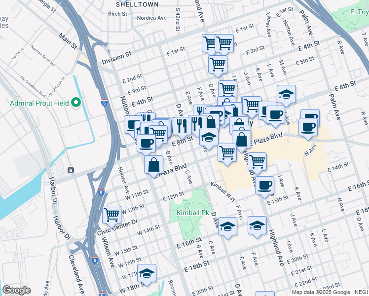 map of restaurants, bars, coffee shops, grocery stores, and more near 837 C Avenue in National City