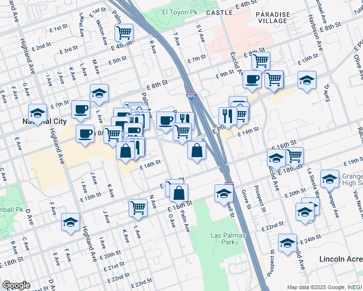 map of restaurants, bars, coffee shops, grocery stores, and more near 1736 East Plaza Boulevard in National City