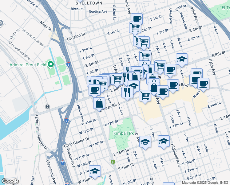 map of restaurants, bars, coffee shops, grocery stores, and more near 311 East 9th Street in National City