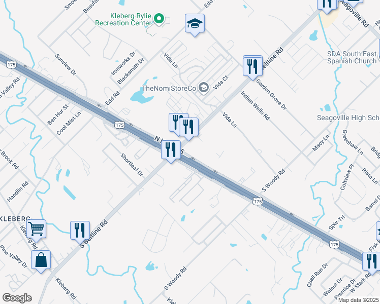 map of restaurants, bars, coffee shops, grocery stores, and more near 13601 U.S. 175 Frontage Road in Dallas