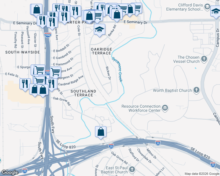 map of restaurants, bars, coffee shops, grocery stores, and more near 4937 Rickee Drive in Fort Worth