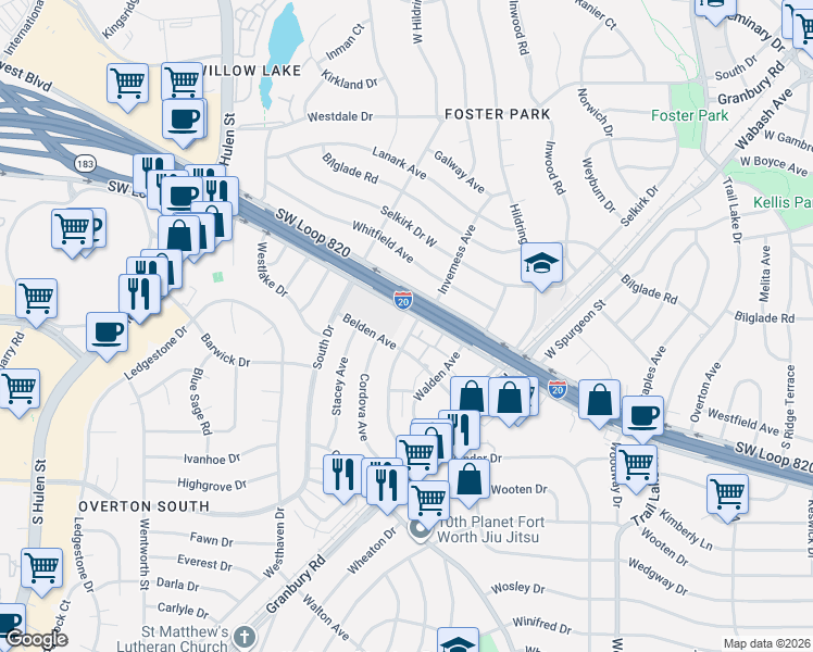 map of restaurants, bars, coffee shops, grocery stores, and more near 4818 Inverness Avenue in Fort Worth