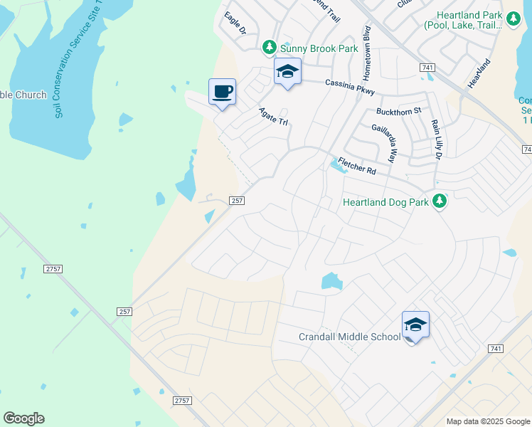 map of restaurants, bars, coffee shops, grocery stores, and more near 3618 French Creek Drive in Crandall