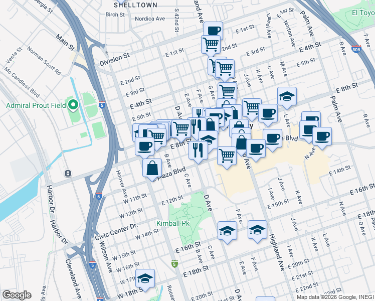 map of restaurants, bars, coffee shops, grocery stores, and more near 830 D Avenue in National City