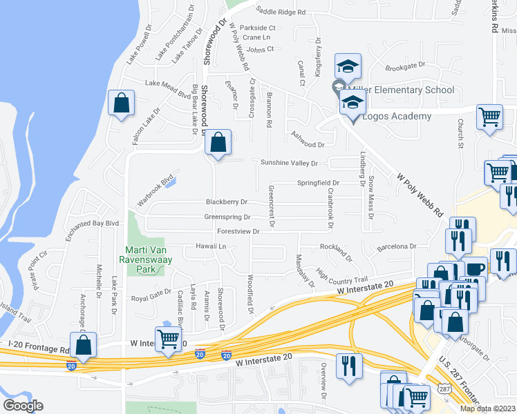 map of restaurants, bars, coffee shops, grocery stores, and more near 6706 Blackberry Drive in Arlington