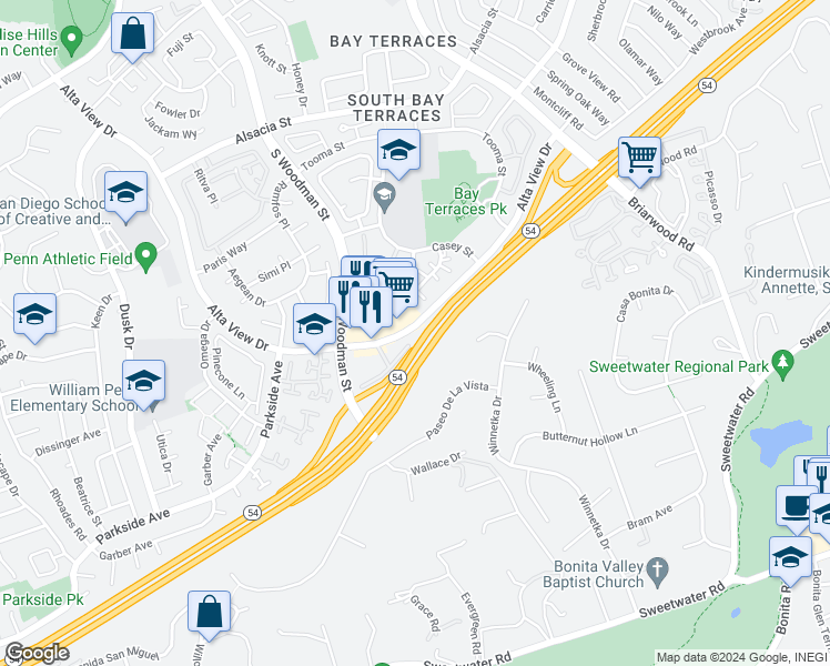map of restaurants, bars, coffee shops, grocery stores, and more near 3010 Alta View Drive in San Diego