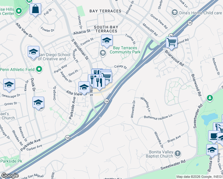 map of restaurants, bars, coffee shops, grocery stores, and more near 3040 Alta View Drive in San Diego