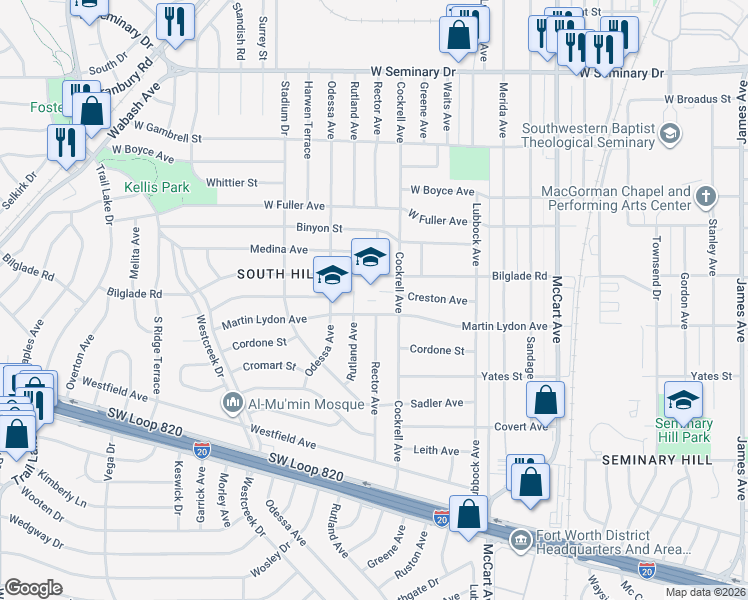 map of restaurants, bars, coffee shops, grocery stores, and more near 3000 Martin Lydon Avenue in Fort Worth