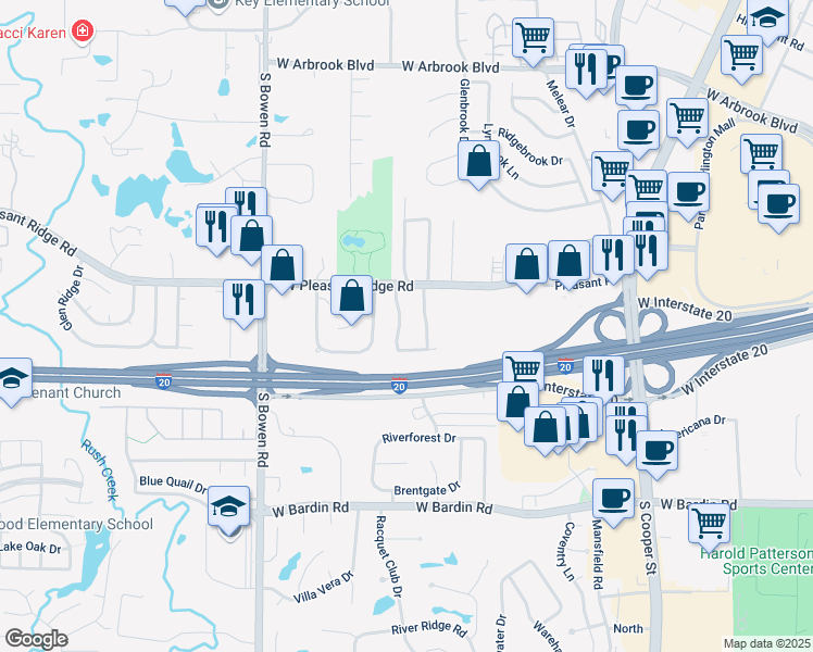 map of restaurants, bars, coffee shops, grocery stores, and more near 4220 Windhurst Drive in Arlington