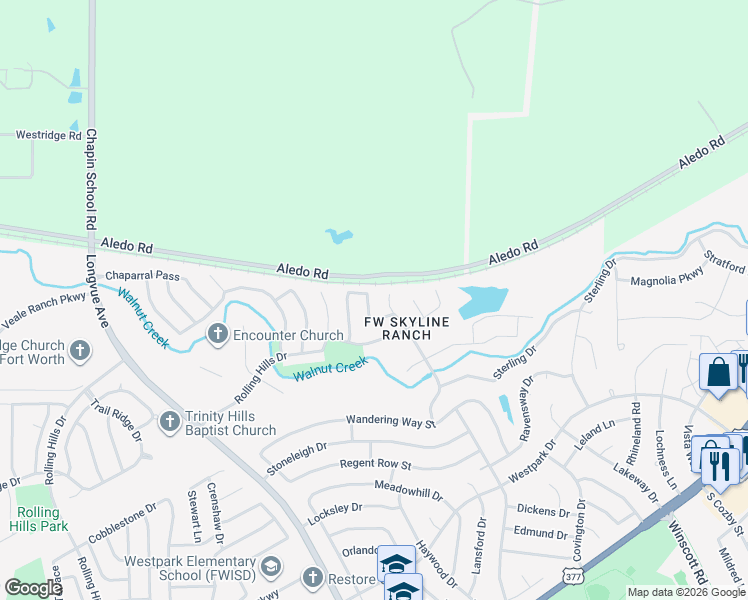 map of restaurants, bars, coffee shops, grocery stores, and more near 5216 Woodglen Lane in Fort Worth