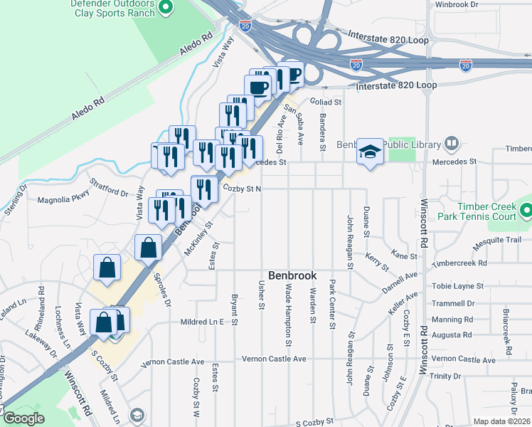 map of restaurants, bars, coffee shops, grocery stores, and more near 1012 Usher Street in Benbrook