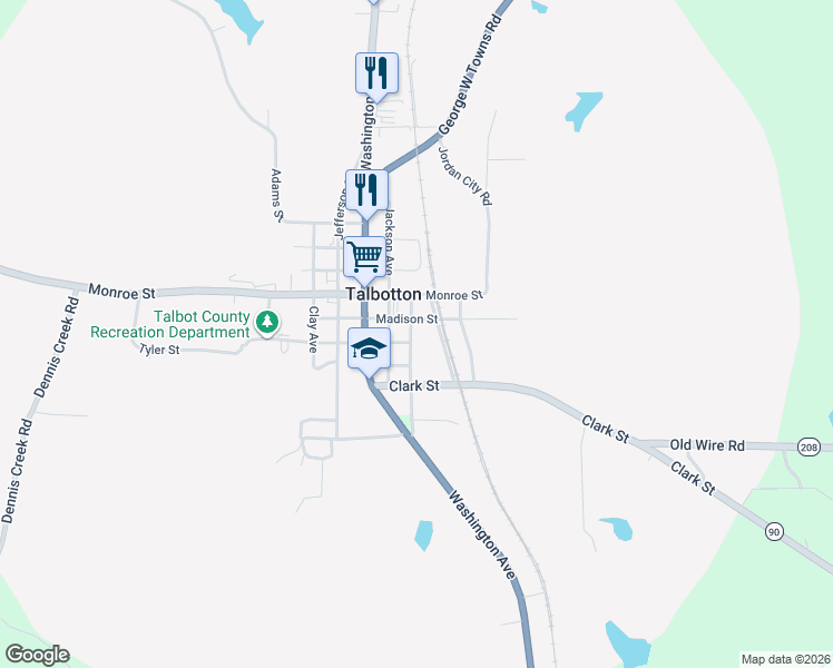 map of restaurants, bars, coffee shops, grocery stores, and more near 120 College Avenue in Talbotton